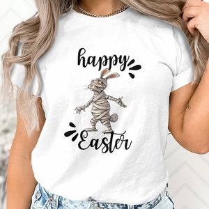 Vrolijk Pasen-T-shirt met cartoon konijn, T-shirt met mummie omwikkeld konijn, leuke lentevakantie-outfit, uniseks paaskleding voor alle leeftijden