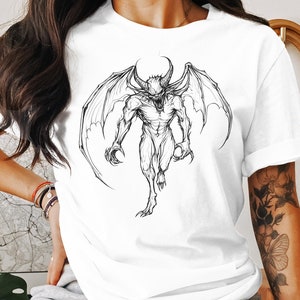 ハロウィン悪魔イラストTシャツ、ユニークな怖いグラフィックTシャツ、ゴシックモンスターアートシャツ、ダークファンタジークリーチャーデザイン、ホラーギフト