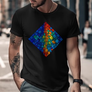 Glasmalerei-T-Shirt, Geometrisches T-Shirt, Buntes Mosaik, Moderne Kunst-Shirt, Einzigartiges Grafik-T-Shirt, stilvolles Design-Shirt
