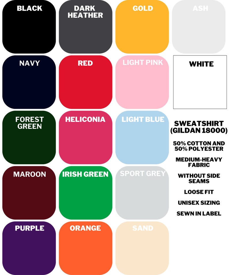 Sweatshirt Gildan 18000, Black Dark Heather Gold Ash Navy Red Light Pink White Forest Green Heliconia Light Blue Maroon, Irish Green Sport