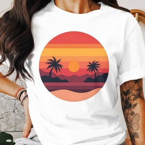 Retro Sunset Beach T-Shirt, Vintage Palm Trees Graphic Tee, 70s Inspired Summer Shirt, Sunset Vibes T-Shirt, Ocean Sunset Design