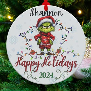 Grinch Christmas Ornament, Happy Holidays 2024, Festive Christmas Tree Decoration, Grinch in Santa Hat, Holiday Home Decor, Fun Ornament
