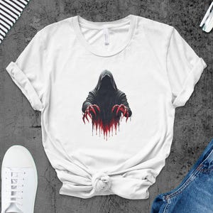 Grim Reaper T Shirt, Bloody Hand Tee, Dark Fantasy Graphic, Halloween Shirt, Horror Tee, Gothic Apparel, Spooky Design, Death Figure T-Shirt