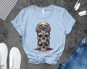 Stacked Skulls T-Shirt: See No Evil Gothic Graphic Tee
