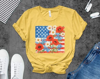 Floral American Flag T-Shirt, Sweatshirt, and Tank Top: Patriotic Poppies & Daisies