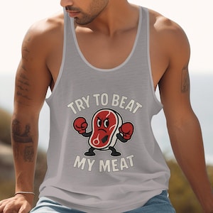 「Try To Beat My Meat」Tシャツ、面白いボクシングステーキ、ノベルティグラフィックTシャツ、漫画風ビーフTシャツ、皮肉な食べ物ジョークアパレル、ギフトアイデア