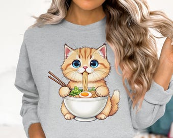 Kawaii Cat Ramen T-Shirt, Sweatshirt, and Tank Top: Funny Noodle Lover Graphic Tee