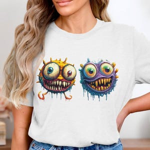 Camiseta de dúo de monstruos de dibujos animados, divertida camiseta de dibujos animados de monstruos, linda camiseta con gráfico de monstruos, colorida camiseta con diseño de monstruos