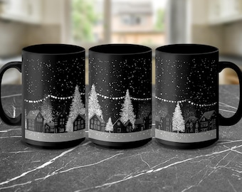 Kubek „Zimowa wioska”: Świąteczny pejzaż miasta, ośnieżone drzewa