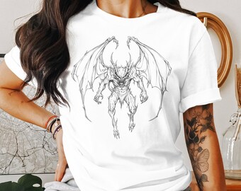 Arte demoníaco gótico, ilustración de criaturas oscuras, diseño de monstruos fantásticos, dibujo inspirado en el terror, camiseta gráfica única