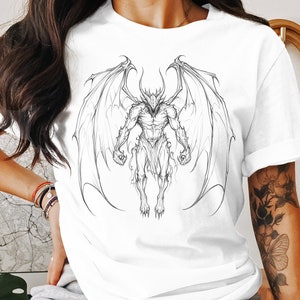 Gothic Demon Sketch Art T-Shirt, Fantasy Creature Design Tee, Unique Dark Art Graphic Shirt, Intricate Demon Illustration T-Shirt