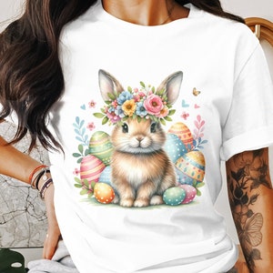 Easter Bunny T-Shirt, Cute Rabbit with Floral Crown and Eggs, Spring Festival Tee, Unisex Adult Clothing, Kids Easter Outfit, Gift