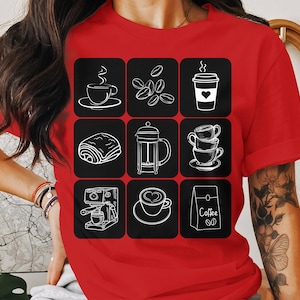 Coffee Lovers T-Shirt, Cute Coffee Cup Icons, Unisex Graphic Tee, Casual Coffee Shop Apparel