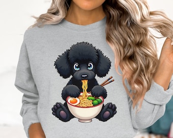 Cute Black Poodle Eating Ramen T-Shirt, Adorable Puppy Ramen Lover Tee, Funny Dog Eating Noodles Shirt, Kawaii Poodle Ramen Tee