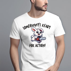 Funny Chainsaw Bunny T-Shirt, Cute Rabbit Cartoon Action Tee for Adults and Kids