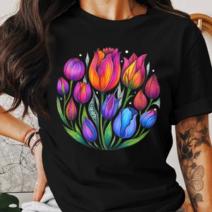 Colorful Tulip T-Shirt, Floral Graphic Tee, Artistic Tulip Design, Spring Flower Shirt, Nature Lover Gift, Tulip Lover Tee, Flower Pattern