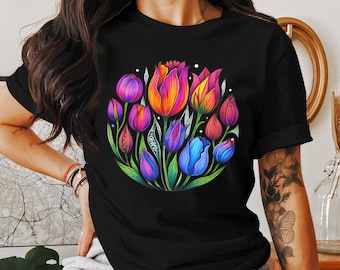 Buntes Tulpen-Grafik-T-Shirt, Sweatshirt, Trägershirt: Frühlingsblumen-T-Stück, Naturliebhabergeschenk