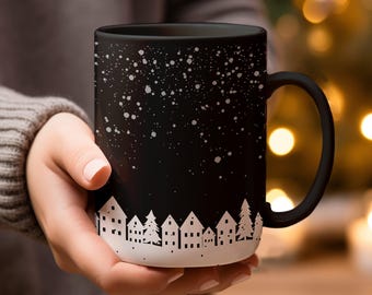 Mok Snowy Village, Winter Wonderland-mok, koffiekopje vakantie, mok kerstthema, winters tafereel, gezellige wintermok, cadeau voor koffieliefhebbers