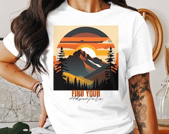 Vintage Mountain Sunset T-Shirt, Outdoor Adventure Graphic Tee, Nature Lover Gift