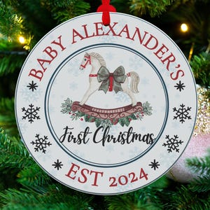 Baby&#39;s First Christmas Ornament Rocking Horse Theme Aluminum Keepsake Custom Name Date Personalized Gift
