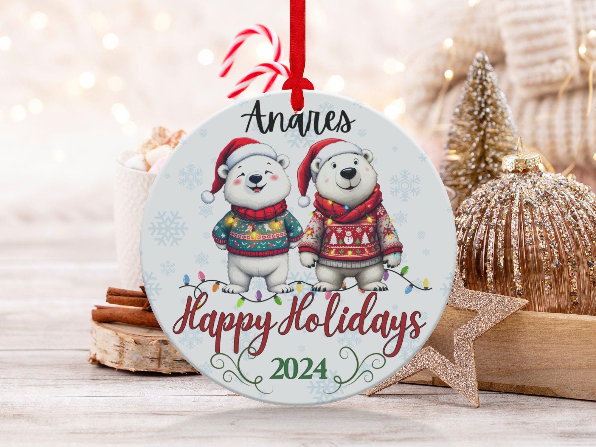 かわいいシロクマのクリスマスオーナメント、パーソナライズされた