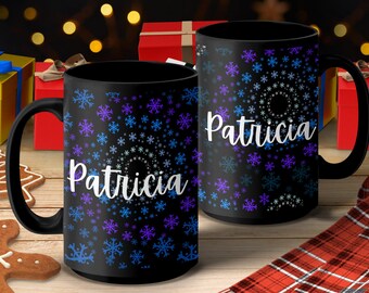 Winter Snowflake Coffee Mug: Holiday Themed Black Ceramic Mug (15oz)