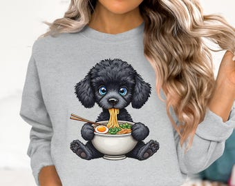 Cute Poodle Puppy Eating Ramen T Shirt, Adorable Cartoon Dog and Noodles Graphic Tee, Fun Animal Food Lover, Kawaii Anime Ramen Lover Gift