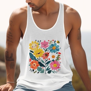 Camiseta con un bonito ramo de flores, flores sonrientes, diseño floral, colores alegres, abeja de dibujos animados, idea de regalo