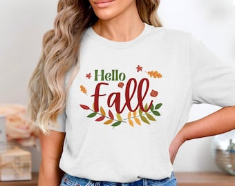 Hello Fall T-Shirt, Sweatshirt, and Tank Top: Autumn Leaves Graphic Tee