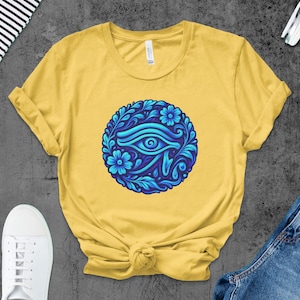 Eye of Horus T-Shirt, Egyptian Art Tee, Floral Eye Graphic, Blue Flower Design, Unique Pharaoh Shirt, Ancient Egypt TShirt, Trendy T Shirt