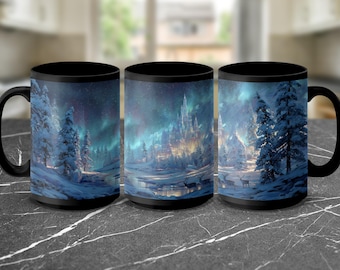Winter Wonderland Mug, Castle Coffee Cup, Northern Lights Gift, Reindeer Mug, Snowy Landscape Mug, Fantasy Art Mug