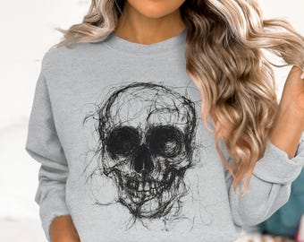 Skull Art T-Shirt, Sweatshirt, and Tank Top: Creepy Ink Sketch Skeleton Graphic Tee