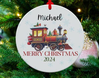 Personalized Christmas Ornament, Custom Name Train Design, 2024 Holiday Decoration, Festive Train Christmas Keepsake, Gift for Kids