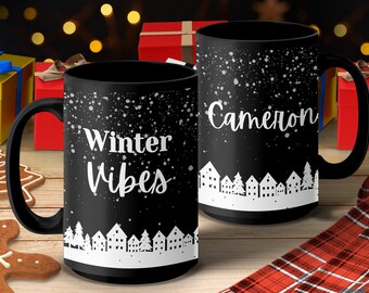 Winter Vibes Mug: Personalized Holiday Coffee Cup, Black Ceramic (15oz)