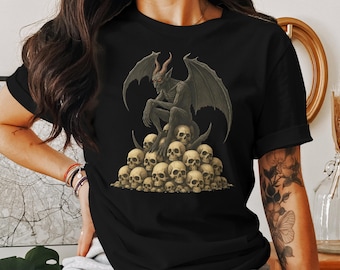 Camiseta de calavera de demonio, camiseta de terror gótico, camiseta de arte oculto, ropa satánica, ropa de fantasía oscura, camiseta con gráfico de diablo