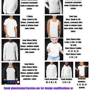 Sweatshirts sizes Small to 5XL, Hoodies sizes Small to 3XL, Long Sleeve Crew Neck Shirts, Short Sleeve Shirts, Youth Sweatshirts Hoodies