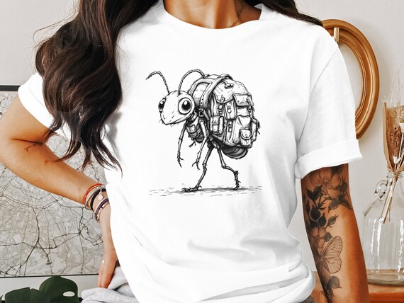 リュックサックを背負ったアリのTシャツ、スウェットシャツ、タンク