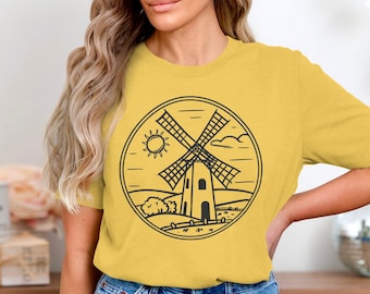 Vintage T-shirt, sweater en tanktop met afbeelding van windmolen: retro illustratie van het platteland