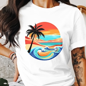 Beach Sunset T-Shirt, Palm Tree Graphic Tee, Tropical Vacation Shirt, Summer Vibe Apparel, Ocean Wave T Shirt, Beach Lover Gift