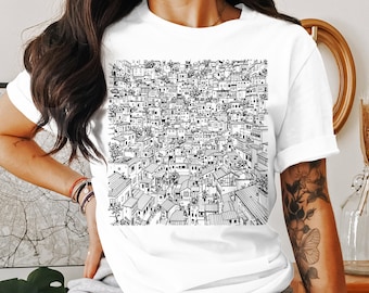 Intricate Cityscape Graphic T-Shirt, Sweatshirt, and Tank Top: Urban Architecture Tee
