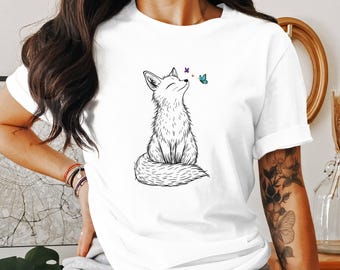Cute Fox with Butterflies Graphic Tee, Adorable Animal Design T-Shirt, Casual White Top, Fun Printed Shirt, Unique Gift for Nature Lovers