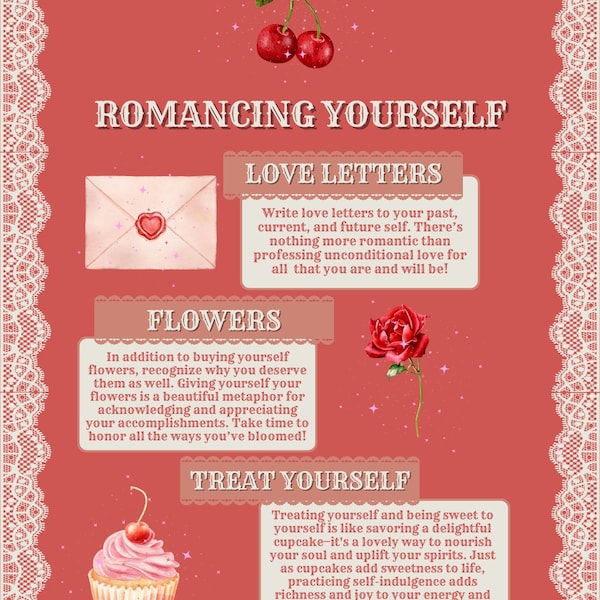 Romancing Yourself: Charming Infographic For Self-Love With Coquette Shabby Chic Girly Magical Princess Theme