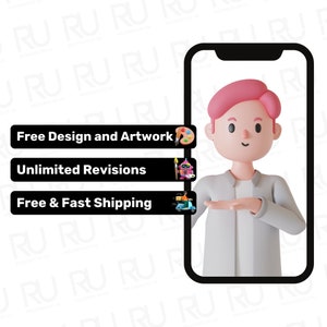 May include: A 3D rendered illustration of a person with pink hair and a white shirt, appearing on a smartphone screen. The image includes text that reads "Free Design and Artwork" and "Unlimited Revisions".