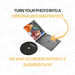 May include: A CD case with a photo inside, and a black CD labeled "VOLUME IV". The text reads "TURN YOUR PHOTO INTO A PERSONALIZED MASTERPIECE". An arrow points to the CD case. The CD is black.