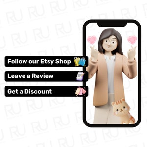 May include: A digital illustration featuring a smartphone displaying a 3D cartoon character. The phone screen shows a woman with glasses, two pink hearts, and a cat. Text on the screen reads: "Follow our Etsy Shop," "Leave a Review," and "Get a Discount."