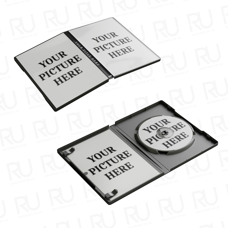 May include: Two open DVD cases with the text "YOUR PICTURE HERE" printed on the inside cover and on the disc. The cases are black with a white insert. The text "YOUR TITLE HERE" is printed on the spine of the case.