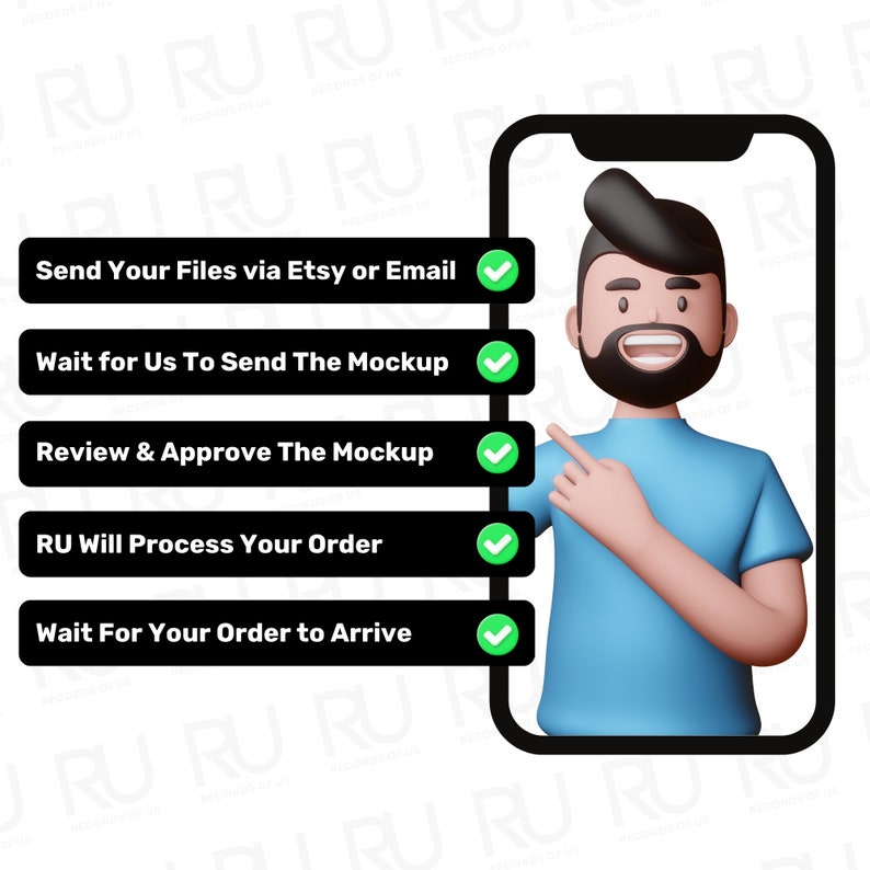 May include: A 3D illustration shows a man pointing at a smartphone displaying a process. The steps include sending files, waiting for a mockup, reviewing and approving, processing the order, and waiting for arrival. The man wears a blue shirt.