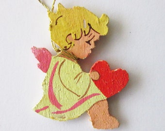 Vintage Germany Christmas Angel With Heart Erzgebirge Wood Wooden Fretwork Flat Ornament