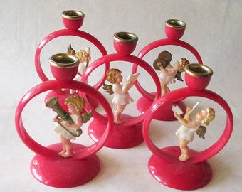 5 Vintage Christmas Germany Hard Plastic Musical Angels Red Candleholders Set Of Five Group B