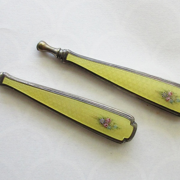 2 Guilloche Vintage Handles from Vanity Manicure Set Yellow Enamel Hand Painted Flower Bouquets